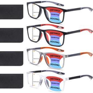 4 Pack Progressive Multifocus Reading Glasses for Men Women TR90 Sports Style Anti-Blue Light Computer Readers (Black & Red & Grey & Transparent)