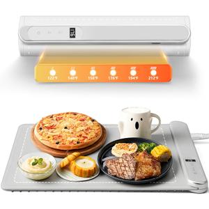 Warming Mat for Food Small Warming Tray with 6 Temp & 6H Timer, 300W Full Surface Heating, Waterproof Foldable Hot Plate for Countertop, Apartment/Dorm Use, New Light Gray