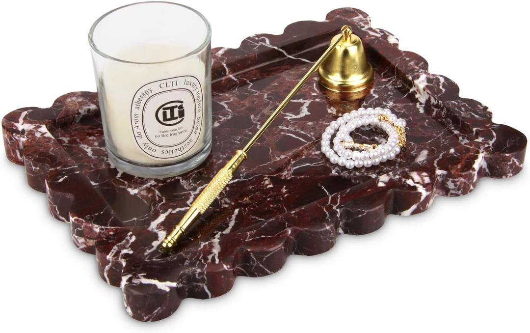 Scalloped Marble Decorative Tray,Luxury Natural Stone Bathroom Vanity Tray, Dresser Top Perfume Coffee Home Kitchen Toilet Sink Tray, Key Trinket Ring (Rosso Lepanto, 10.8 * 8)