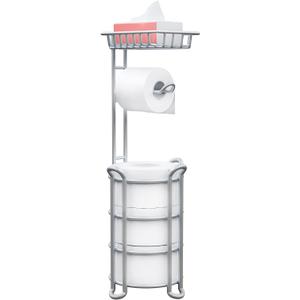 Toilet Paper Holder Stand with Shelf for Phone, Free Standing Tissue Roll Storage and Dispenser Rack for 4 Mega Rolls, Silver Gray (23.6'')