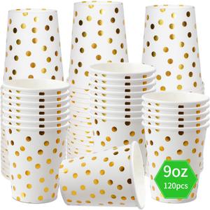 120 Pack White And Gold Paper Cups-9 oz Disposable Paper Cups For Hot/Cold Coffee, Tea, Beverage Cups - Holiday Party Diy Office Drinking Cup Supplies