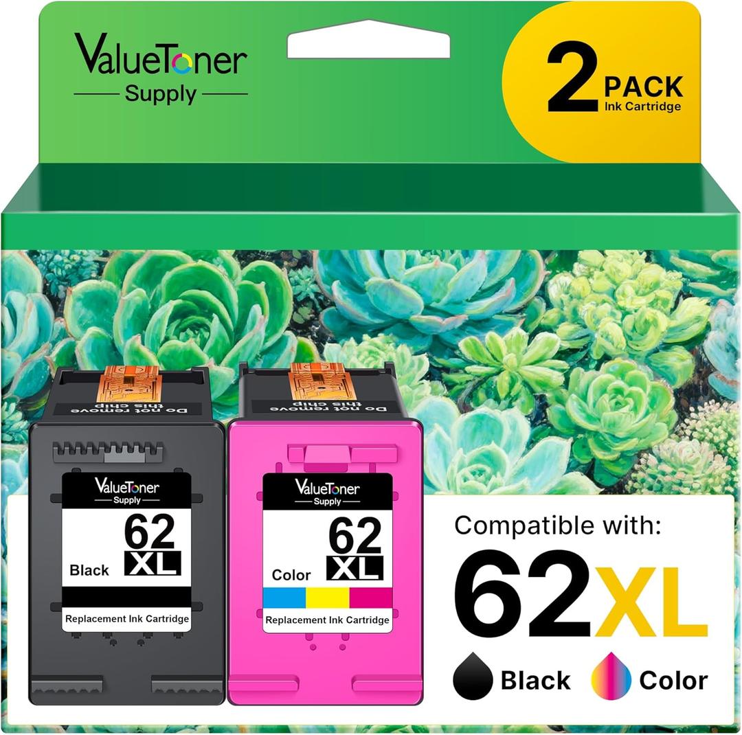BKBKC Compatible 62XL Ink Cartridge Replacement for HP Envy 5540 5549 5640 5660 7640 OfficeJet Mobile 250 200 OfficeJet 5740 5741 8040, Black, TriColor, 2Pack