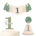 Green 1st Birthday Decoration Set - Wild One Tassel High Chair Banner,Green Forest Theme Cake Topper,Jungle Safari First Birthday Hat,Nature Party Decoration Photo Props