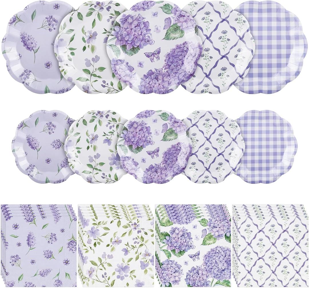 150 Pcs Floral Plates and Napkins, Light Purple and White Floral Tea Party Supplies Include Hydrangea Flower Gingham Plates Napkins for Garden Party, Bridal Baby Shower, Spring Party