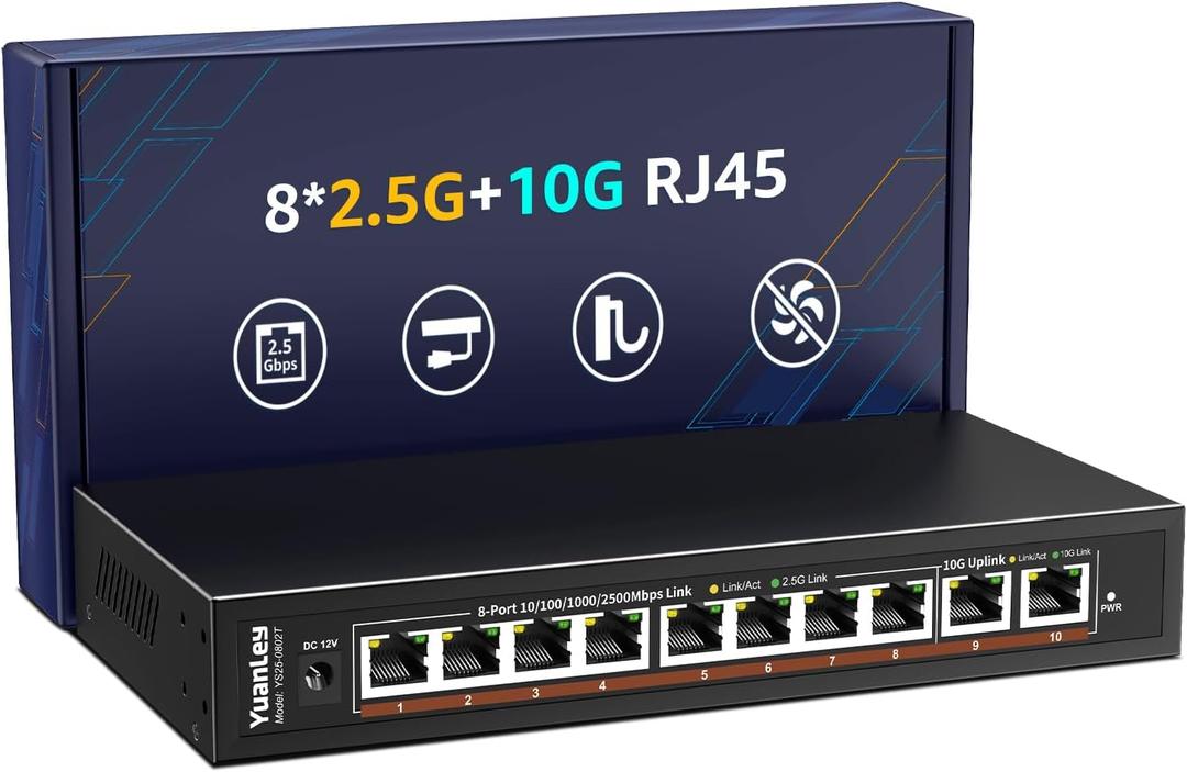 10 Port 10G Ethernet Switch Unmanaged, 8 x 2.5G Base-T Ports, 2 x 10Gb RJ45 Ports, Compatible with 100/1000/2500Mbps, Metal Case Fanless, YuanLey 2.5Gbe Network Switch for 2.5G/10G NAS, Wireless AP