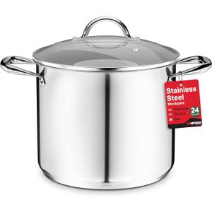 Stainless Steel Stockpot with Tempered Glass Lid 24 Quart, Durable 18/0 Stainless Steel, Impact-Bonded Base for Even Heating, Riveted Handles, Oven & All Stove Compatible, Safe Up To 500F (260C)