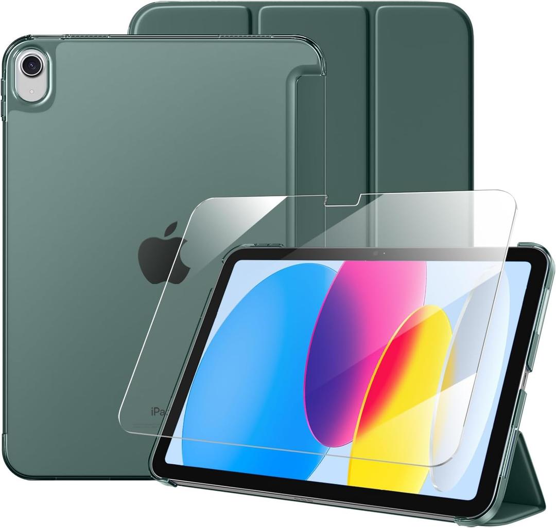 for iPad (A16) 11th Generation Case 11 Inch 2025 with Screen Protector, iPad 10th Generation Case 10.9 Inch 2022 Cute Slim Hard Translucent Back Full Protective Trifold Stand Cover, Pine Green