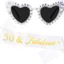 50th Birthday Decorations, Birthday Sash & Birthday Glasses for Women 50th Birthday Gifts for Her 50 and Fabulous Birthday Decorations Party Favors for Women