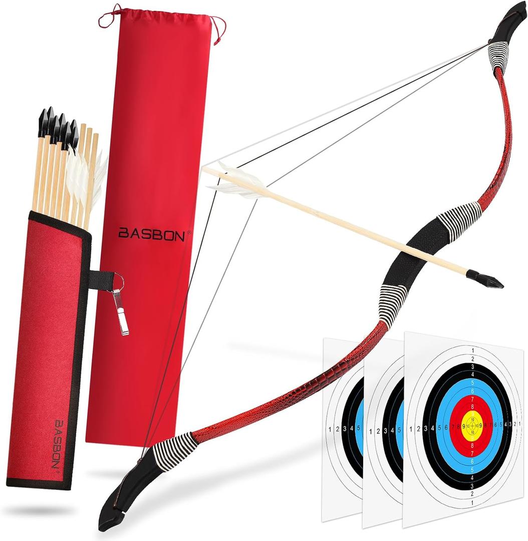 Basbon Kids Bow and Arrow Set, 33 Archery Set Wooden Bow and Arrow, Outdoor Toy Bow and Arrow for Kids 6-8 8-12, 1 Bows 1 Quivers 10 Arrows 3 Targets & Storage Bag, Gifts for Kids Youth Girls Boys