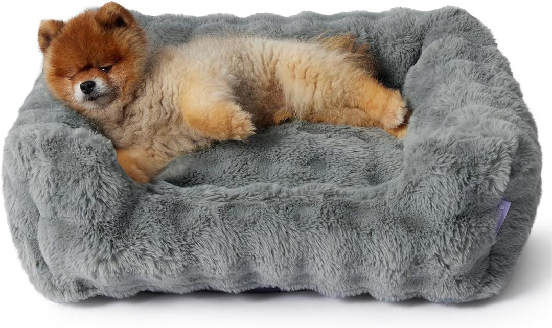 Lesure Fluffy Dog Beds for Small Dogs - Orthopedic Rectangle Calming Pet Sofa, Plush Bubble Bolster Puppy Bed with Removable Washable Cover and Nonskid Bottom,25x21x7inches,Grey