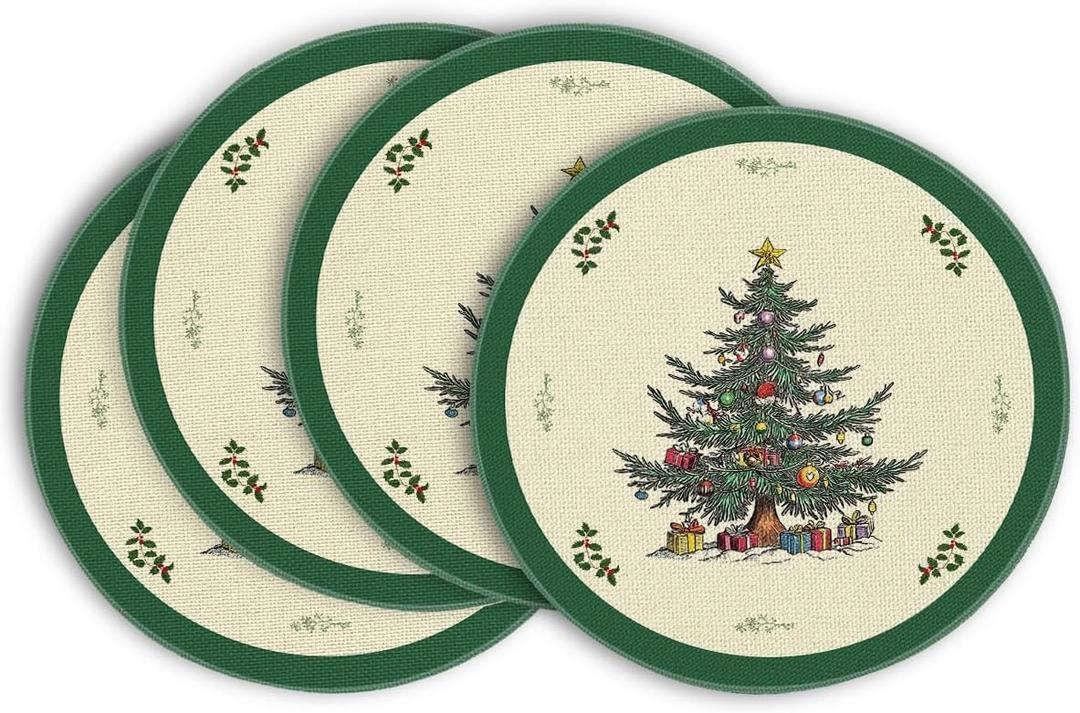Artoid Mode Xmas Pine Round Winter Placemats Set of 4, 14 Inch Round Christmas Table Mats for Table Runner Party Kitchen Dining Decoration (Green)
