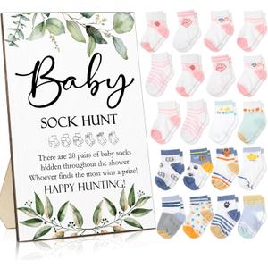 Hoteam 21 Pcs Baby Shower Games Include Baby Sock Hunt Sign and 20 Pair Small Cotton Socks Wooden Table Sign with Holder for Boy and Girl Gender Reveal Party Favors(Greenery, Cute Style)