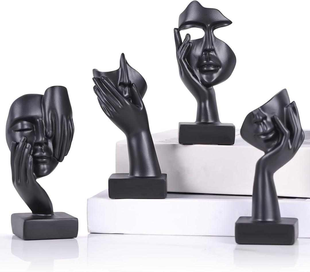 4 PCS Black Thinker Statue Set  Abstract Sculptures Home Decor for Bookshelf, Office, TV Stand Knick Knacks  See No Evil, Hear No Evil, Speak No Evil Figurines, Unique Gift for Women