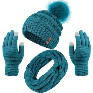 Aneco Womens Winter Warm Sets Knitted Fur Pompoms Beanie Hat Circle Loop Scarf Touch Screen Gloves Winter Favor Accessories (Blue)