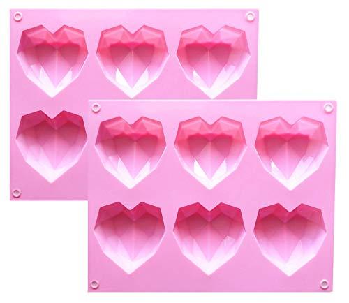 2 Pcs 3D Diamond Heart Silicone Mold for Chocolate, 6 Cavities Easy Demold Heart Shaped Mold Tray for Making Breakable Mousse, Cake, Chocolate, Cheesecake, Valentine's Day/Happy Birthday Gift.