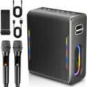 Karaoke Machine with Two Wireless Microphones, Powerful Portable Bluetooth Speaker for Adults & Kids, PA System with 2 Voice Mode, LED Lights, Supports BT/TWS/AUX/USB/TF for Party (Black) (Black)