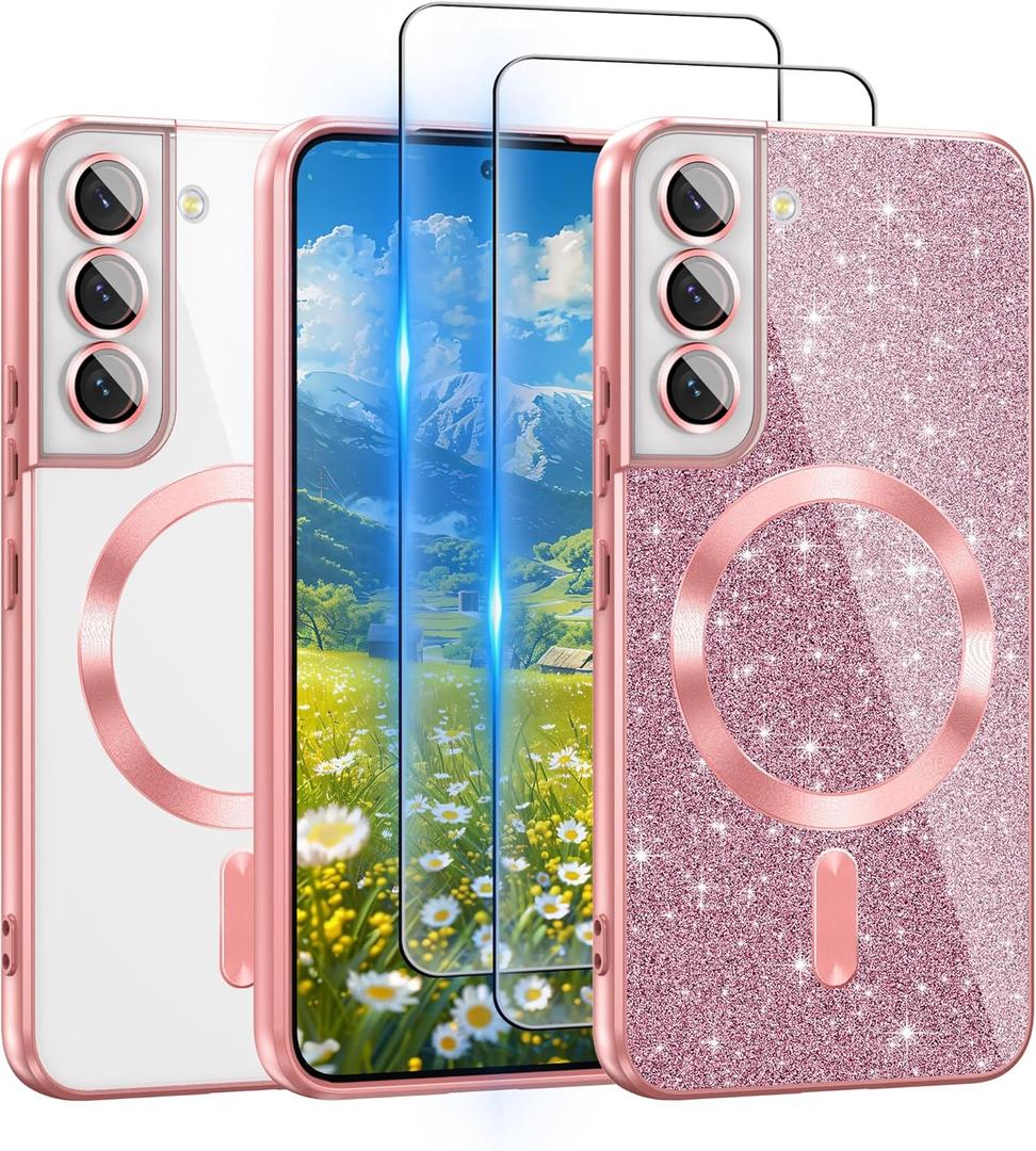 For Galaxy S22 Plus Case Compatible with MagSafe, [Glitter Card & 2PCS HD Screen Protectors] Cute Bling Sparkly [Never Yellowing], Slim Shockproof Anti-Scratch Soft Clear Case for Women, Hot Pink