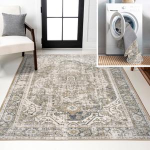 JONATHAN Y Machine Washable Green/Cream Indoor Area Rug 4X6 ft, Keesha Bold Distressed Medallion Low-Pile for Living Room, Bedroom, Kitchen, Office, Easy-Cleaning, Pet-Friendly Non-Shedding WSH316C-4