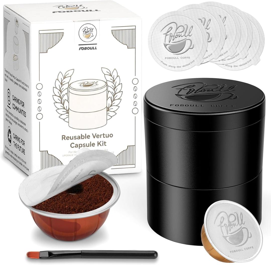 Foboull Reusable Kit for Nespresso Pods Vertuo, 50 Pcs Aluminum Foil Seal Lids, Holder & Brush Included – for Refilling Nespresso Vertuo/Vertuoline Pods, Refillable Coffee Capsules Tool Set, Black
