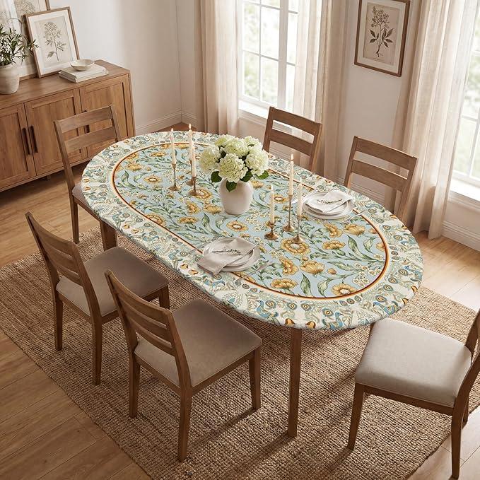 Horaldaily Regular Fitted Tablecloth 48 Inch Oval, Boho Bohemia Vintage Golden Floral Patterned Washable Table Cover Elastic Edged for Dinning, Picnic, Camping, Banquet