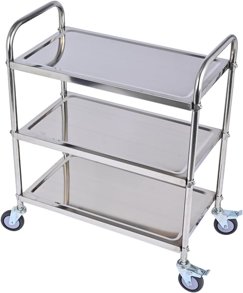 3 Shelf Stainless Steel Cart, 420 lbs, 1MM Thick, Serving With Wheels, Household Service Trolley, 360 Rotation Storage Shelf With Locking Wheels (29.5*15.8*37.4)'' Utility