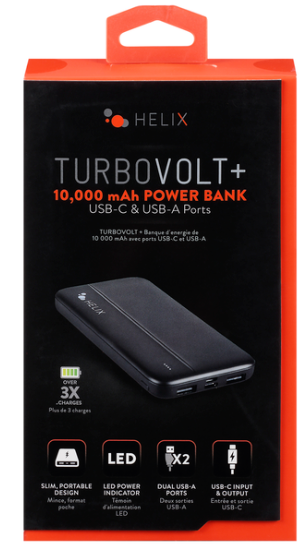 Helix Turbo Volt + Power Bank 10000 mAh with USB-C and Dual USB-A Ports