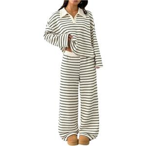 MakeMeChic Women's 2 Piece Sets Striped Long Sleeve Collared Tops Shirt Wide Leg Pants Fall Outfits (Black and White, L)