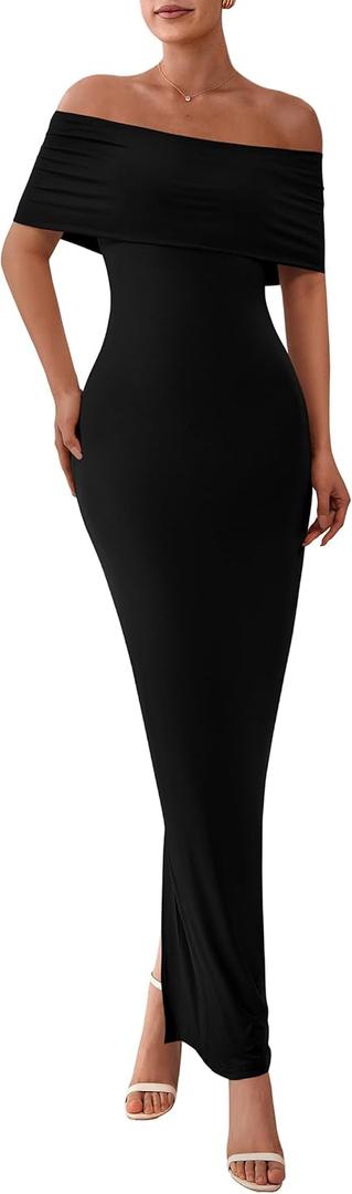 PRETTYGARDEN Women's Off The Shoulder Maxi Dresses 2025 Summer Formal Elegant Cocktail Party Wedding Guest Long Dress (Black) S
