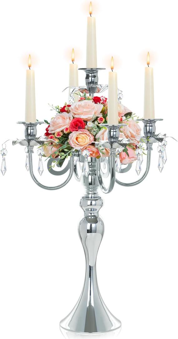 20.3'' Tall 5 Arm Candle Holder Centerpiece for Table, Metal Candelabra Candle Holder, Retro Candlestick Table Centerpieces for Party, Events, Home, Wedding Decor (1Pc, Silver)