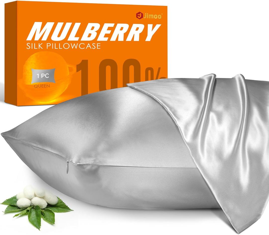 100% Mulberry Silk Pillowcase for Hair and Skin, 22 Momme Pure Natural Silk Pillow Case Both Sided with Zipper, Pillow Cover for Women Mom Men(Silver Grey, Standard 20''26'')