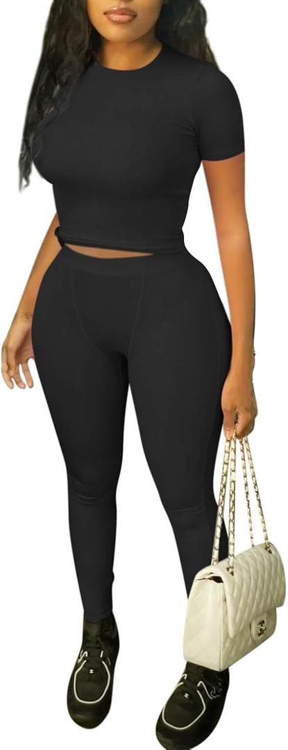 ZFLM Casual Workout Two Piece Outfits for Women Fitted Crew Neck T-shirt High Waist Pants Matching Sets Streetwear (Medium, Black)