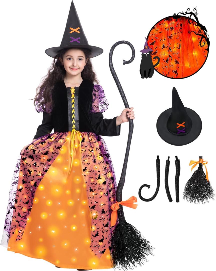 Poshetion Witch Halloween Costume for Girls, Light Up Witch Dress Deluxe Outfit with Hat and Broom, for Halloween Party (XL)