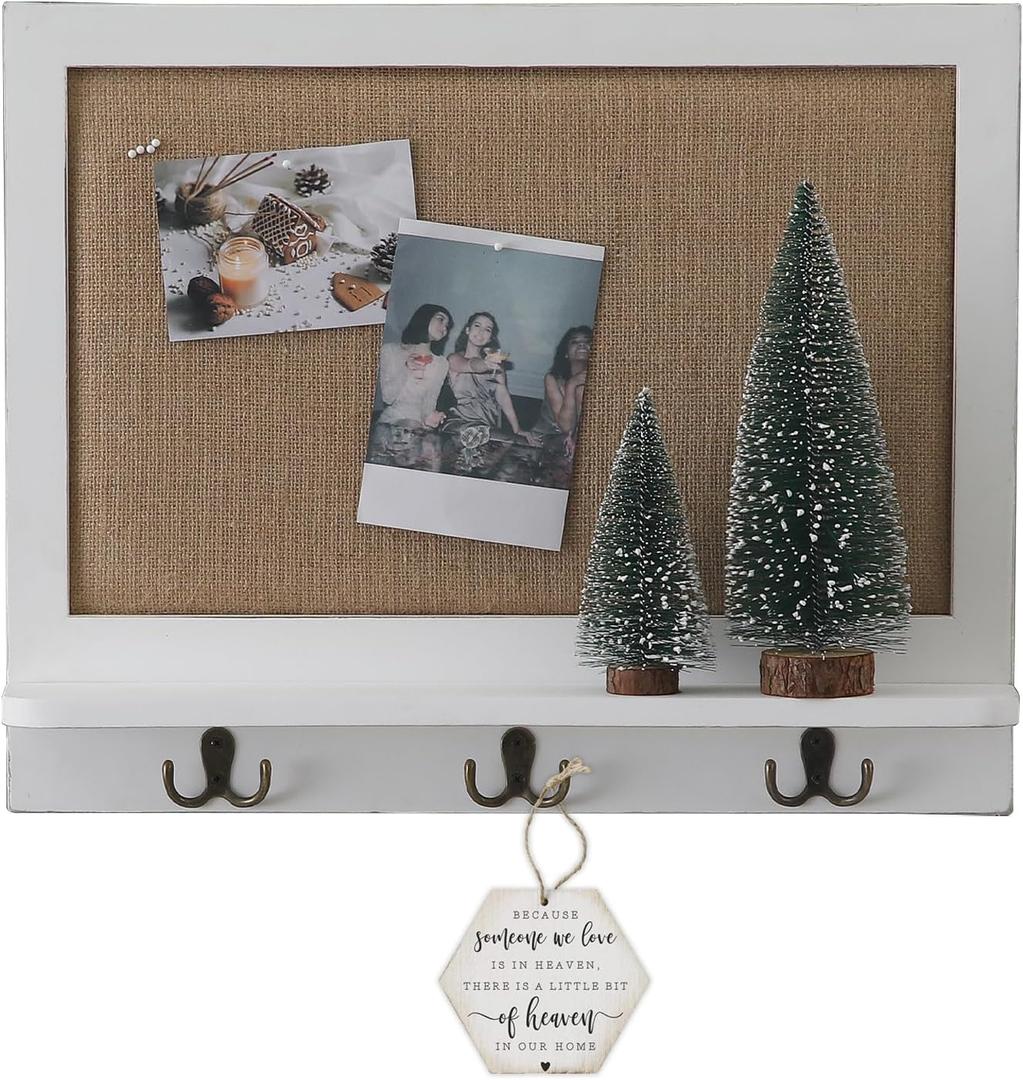 SOFE Linen Bulletin Board White Framed, Message Board with 3 Dual-Prong Key Holder Hooks, Photo Display Boards, Key Rack Wall Mount, Living Room, Dining Room, Hallways Decor