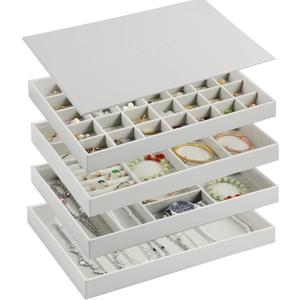 Jewelry Organizer Tray with Lid,Extra Large Set of 4 Jewelry Trays for Drawers Stackable Jewelry Holder Inserts PU Leather Jewellery Storage for Ring Earring Necklace Bracelet Gift for Mom(Grey)