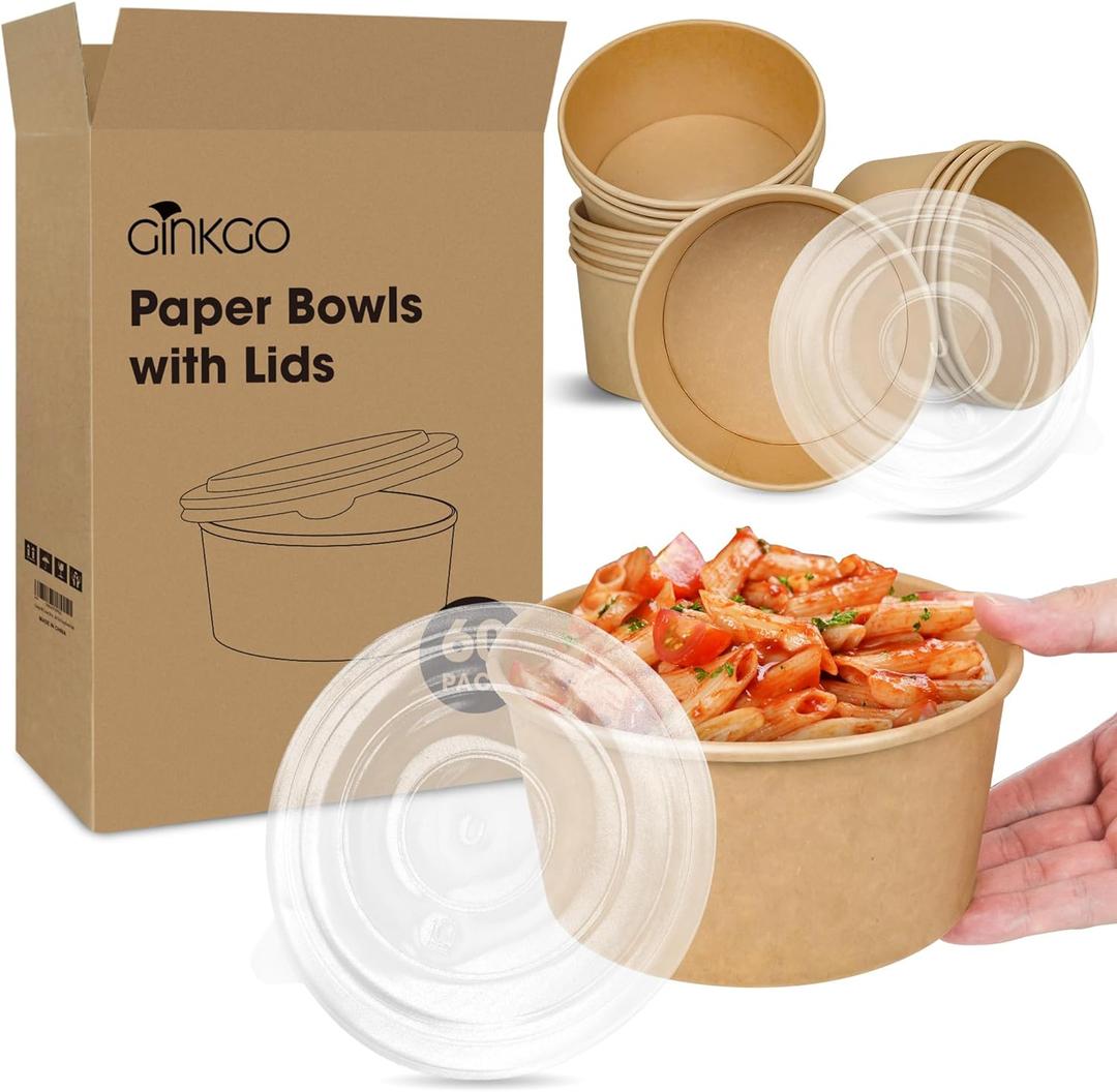 Ginkgo 60 Count 30 oz Disposable Paper Bowls with Lids, Leak Proof Large Hot Soup Bowls Bulk Containers, Large Paper Bowls for Ice Cream, Hot Soup, Salad, Dessert, Cereals (60 Count with Lids)