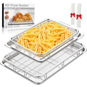 Air Fryer Basket, 2 Set Air Fryer Pans and Tray for Oven with 60 PCS Parchment Papers, DEGOVIN Non-stick Stainless Steel Oven Air Fryer Basket and Tray-18.8" x 12.8"Extra Large &15.7" x 11.6"Large