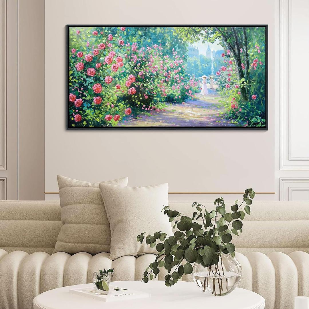 CHATYOUNG Framed Canvas Wall Art, Large Landscape Wall Painting 24"X48" Blooming Roses Spring Wall Art Green Plant Pictures for Living Room Bedroom Kitchen Home Decor Gifts for Women