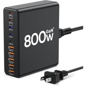 USB C Charger Block,10-Port Charging Station GaN Fast Charging Type C & USB A Wall Charger Adapter for MacBook Pro/Air, iPhone, iPad, Dell XPS (Bright Black)