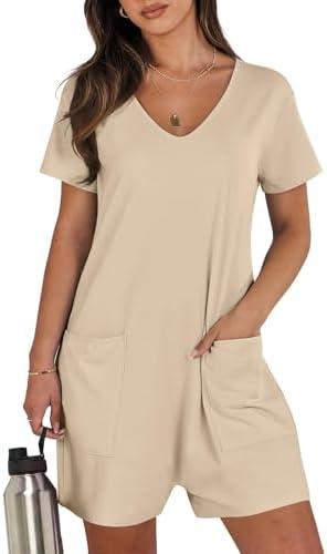 ioiohahaun Women's Summer Casual Rompers Short Sleeve V Neck Loose Fit Jumpsuit 2025 Trendy One Piece Jumps With Pockets Small