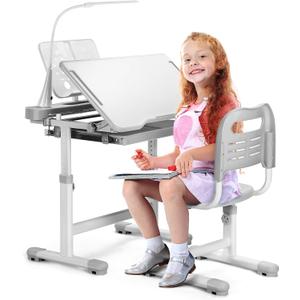 Rengue Kids Desk and Chair Set, Height Adjustable Children School Functional Study Desk with 55° Tiltable Desktop, 3 Modes & Brightness LED Light, Storage Drawer & Metal Hook for Boys Girls (Grey), 28.74" L x 19.69" W x 28.74" H