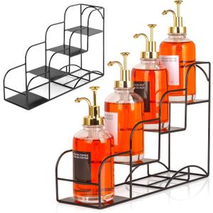 Syrup Rack for Coffee Bar Accessories, Iron 4 Compartment Bottle Organizer, Countertop Display Storage Shelf Bottle Stand, Metal Coffee Bar Organizer for Wine, Kitchen, Holds 4 Bottles