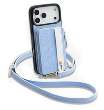 LAMEEKU for iPhone 17 Pro Case Wallet with Wrist Strap, Zipper Crossbody Purse with Phone Grip Holde 6.3 inch Blue