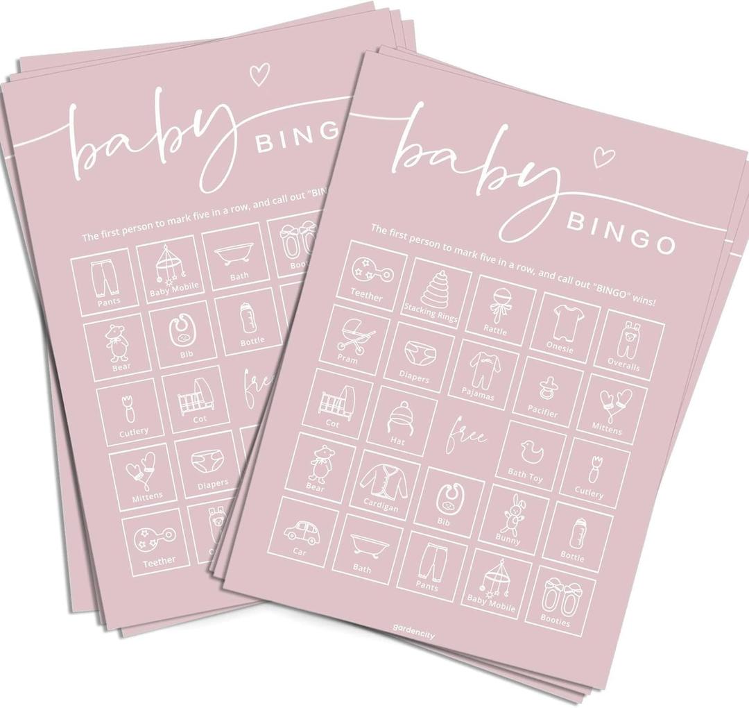 GardenCity Baby Shower Bingo Game for Girl (50 Unique Cards), Pre-Filled Fun Baby Shower Game Activity, Perforated Calling Cards, Gender Neutral, Pink