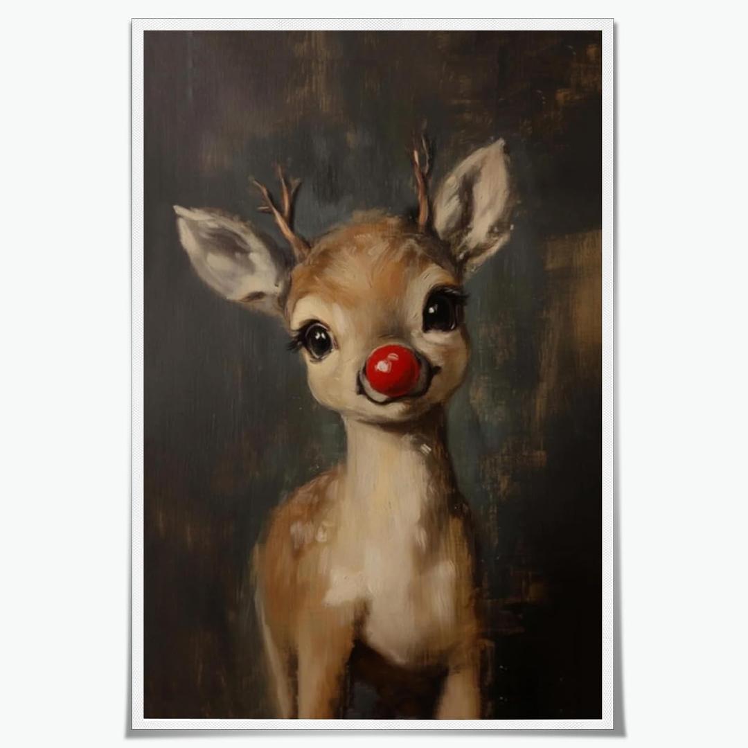 Retro Adorable Christmas Reindeer Canvas Wall Art Rudolph the Red Nose Reindeer Poster Dark Academia Aesthetic Whimsical Deer Print for Vintage Bedroom Living Room Decor Unframed12x18inch