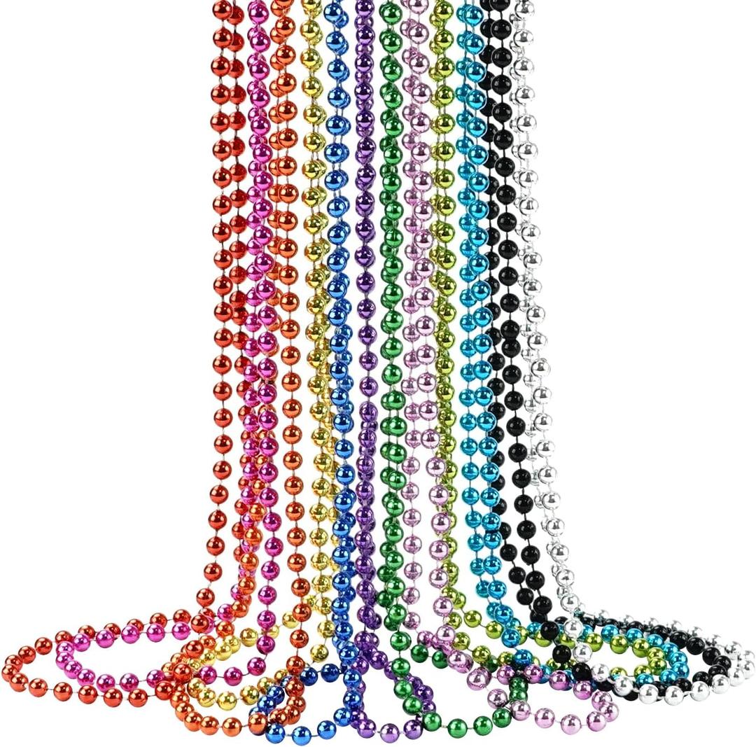 ZZYFGH 33'' 7mm Metallic Colors Bead Necklace Bulk, Mardi Gras Round Beaded Necklaces for Party Favors Costume Necklace (12 Pcs)