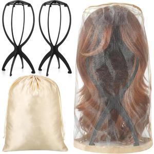 2 Pack Wig Stand with 2 Pcs Wig Storage Bags, Wig Holder Dust Cover with Travel Bag for Bundles, Wigs, Extensions, Tools - Wig Party Kit for Salon Home Use (champagne)
