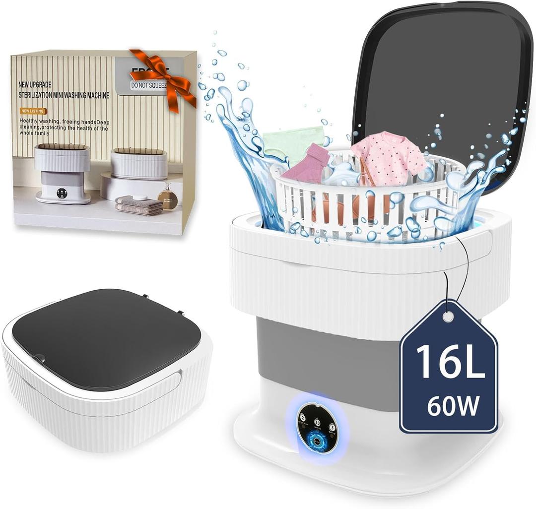 Portable Washing Machine, 60W Mini Washer and Dryer, 16L Folding Lavadora Portatil with Spin,Small Collapsible Clothes Laundry for Underwear, Baby Clothes, Socks (Grey)
