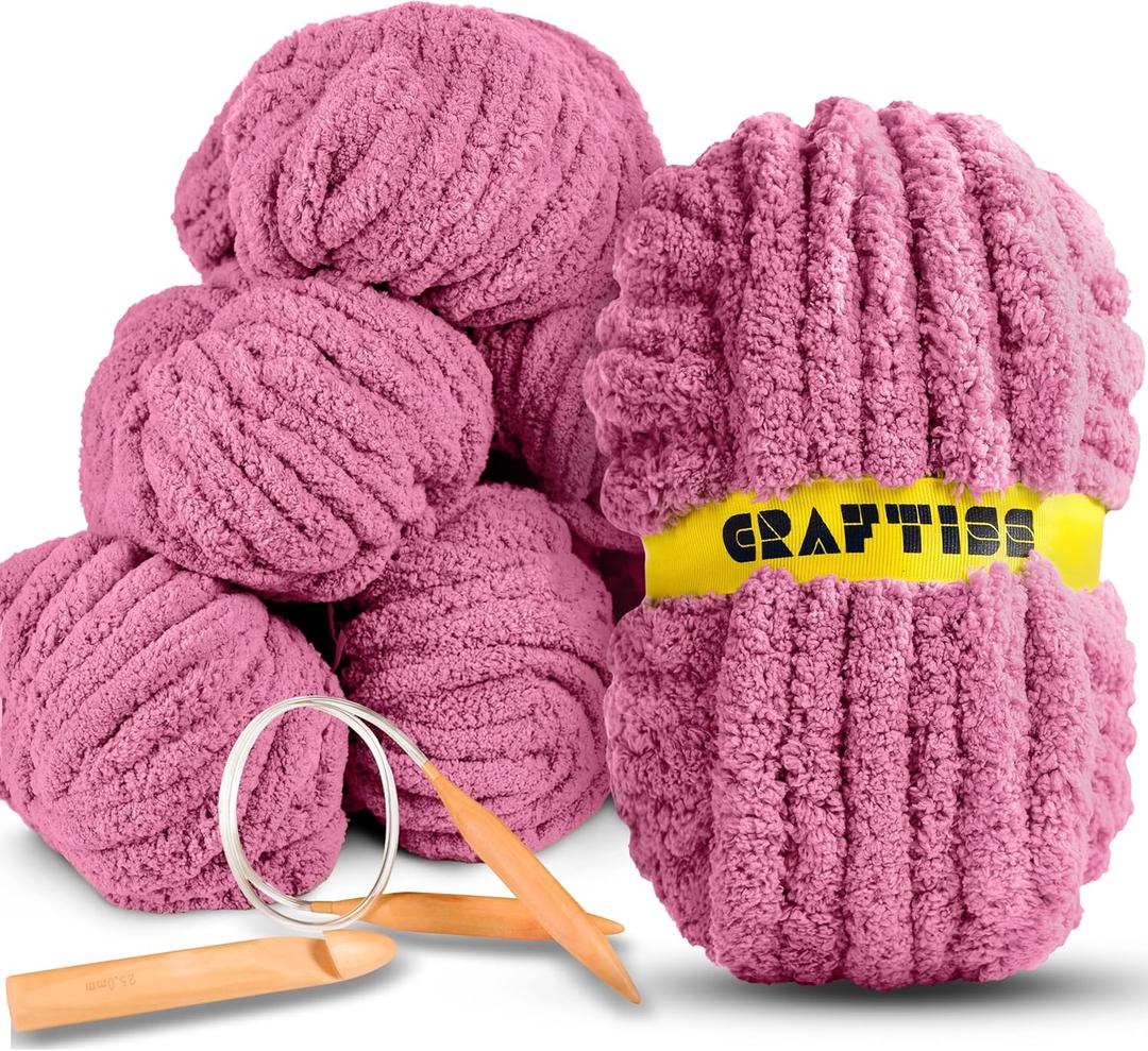 8 Rolls Muted Mauve Chenille Chunky Yarn for Crocheting - Extreme Jumbo Weight (27 yds, 8 oz Each Skein), Bulky Thick Crochet Knit Blanket Chunky Yarn for Hand Knitting with Giant Hook and Needles