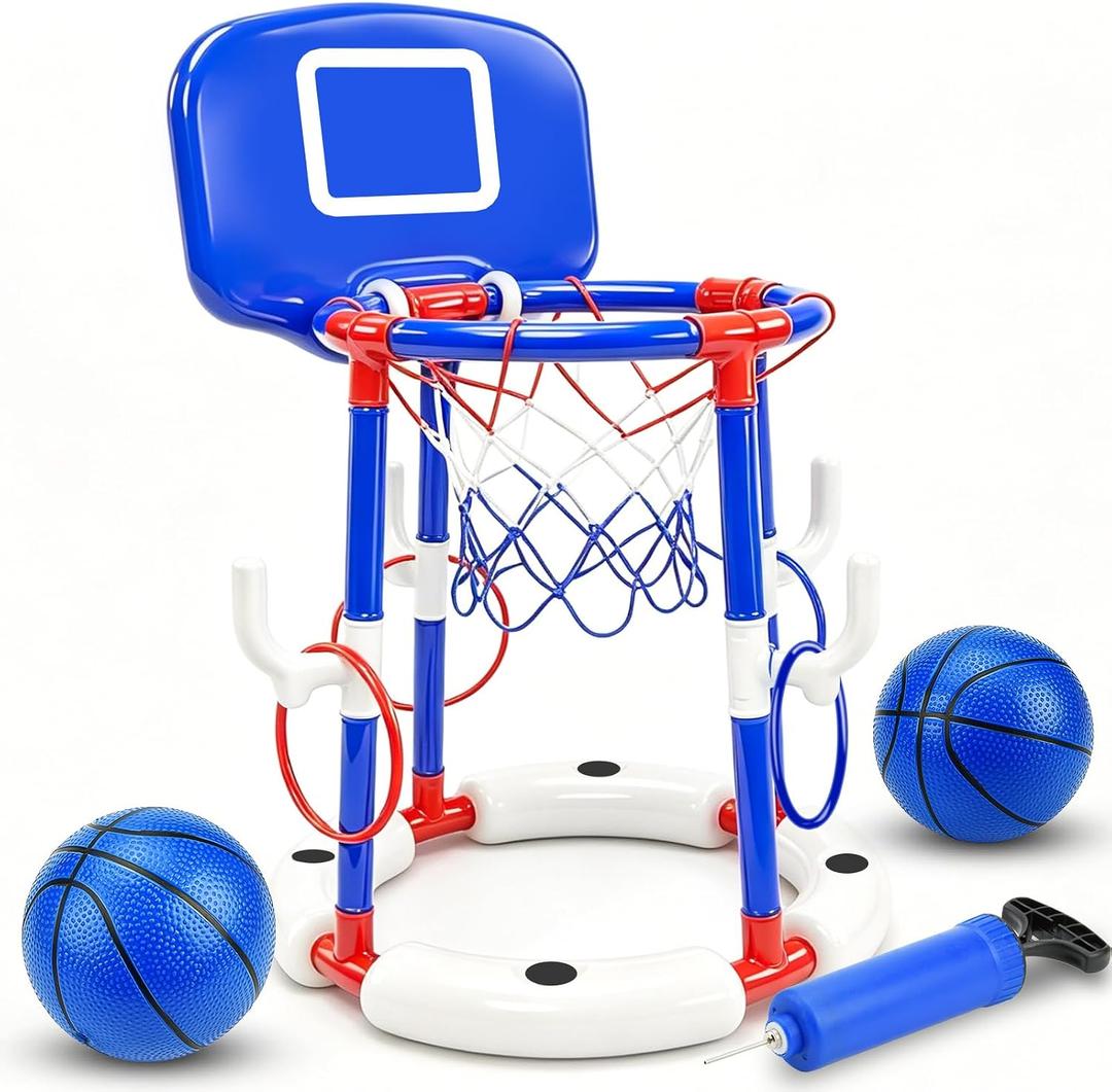 BUUFAN 2 in 1 Pool Basketball Hoop and Ring Toss Game Set, Floating Water Toy with Balls, Rings and Pump, Easy Setup Swimming Play Set for Kids Adults Family Summer Fun Indoor Outdoorwith Backboard