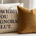 Set of 2 Decorative Throw Pillow Covers: 1 Linen Cover with "Dwight You Ignorant Slut" Print and 1 Solid Mustard Velvet Cover Features hidden zipper closure, two sizes 20"x20", 24"x24" Perfect for home decor 
